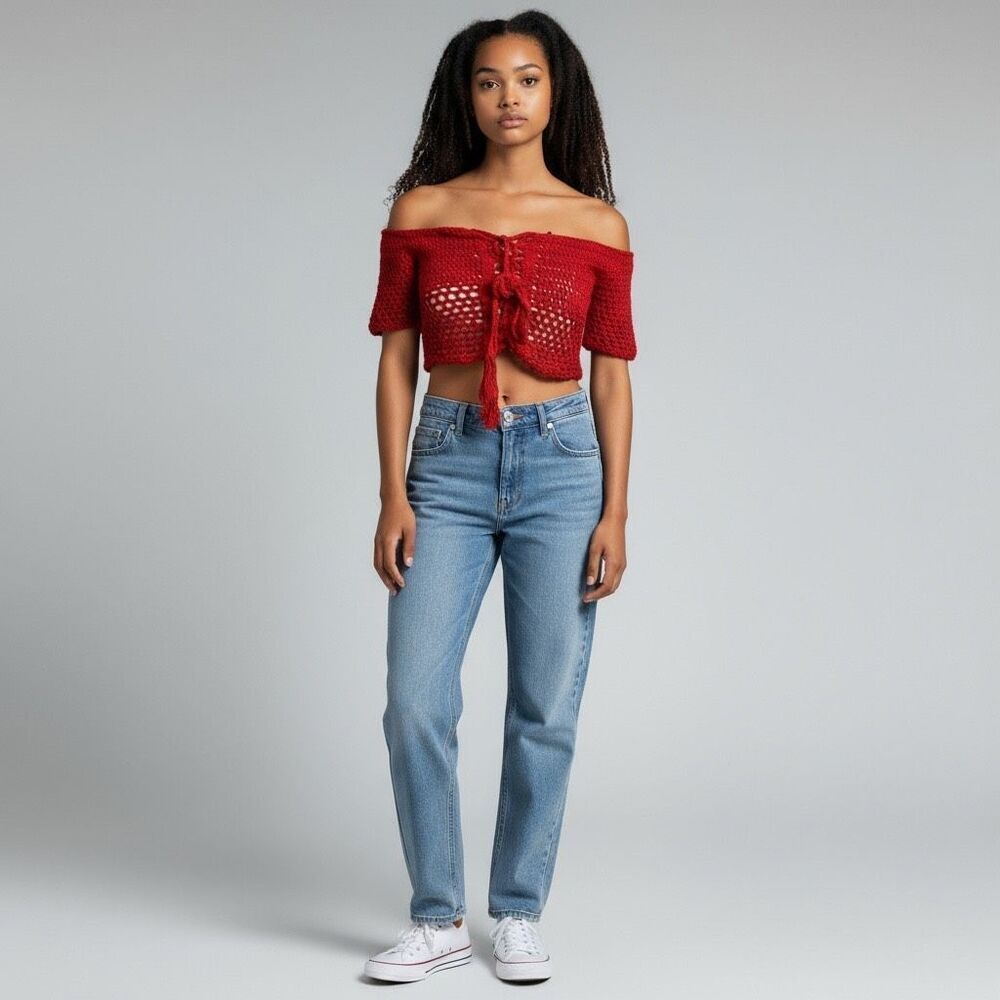 Charlotte Russe Solid Red Orange Rust Crochet Strapless Lace up Front Crop Top M